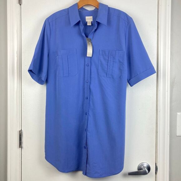 Chico’s Silky Soft Long Shirt Button Front Short Sleeve Top Smokey Blue sz 2/‎ L - Picture 1 of 8
